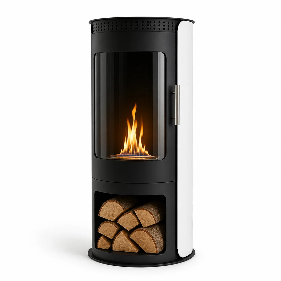 Bioethanol Standkamin VULCANO Freistehender Ethanolkamin Boden Schwarz Weiss - Frontansicht