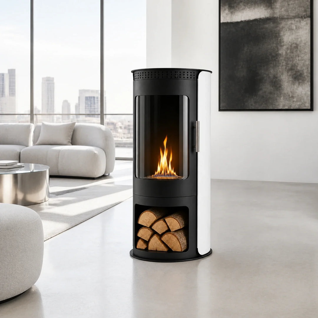 Bioethanol Standkamin VULCANO Freistehender Ethanolkamin Boden Schwarz Weiss in hellem Penthouse