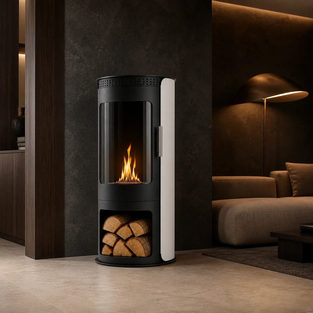 Bioethanol Standkamin VULCANO Freistehender Ethanolkamin Boden Schwarz Weiss in modernem Walnuss Wohnzimmer