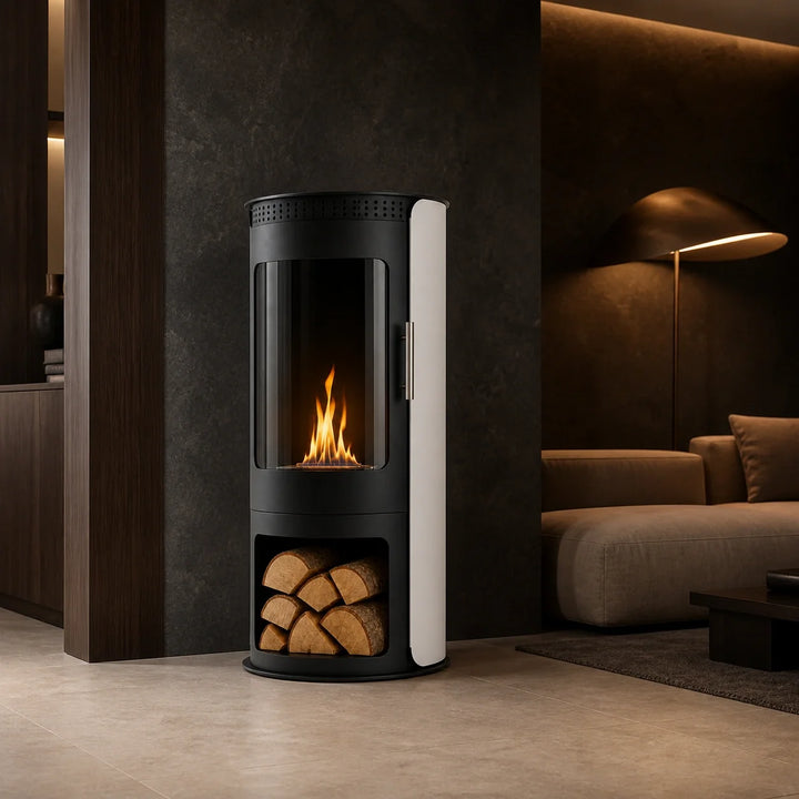 Bioethanol Standkamin VULCANO Freistehender Ethanolkamin Boden Schwarz Weiss in modernem Walnuss Wohnzimmer