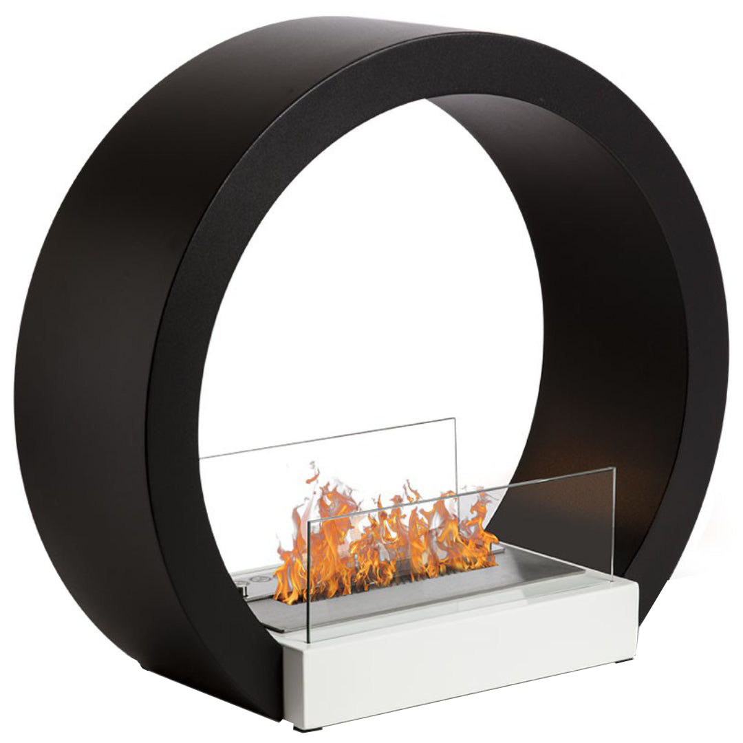Bioethanol Tischkamin AQUILA in Schwarz mit Glas und Flammen, Perspektivansicht