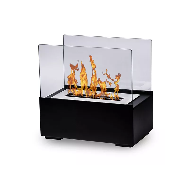 Bioethanol Tischkamin DECK in Schwarz mit Glas und Flammen, Perspektivansicht