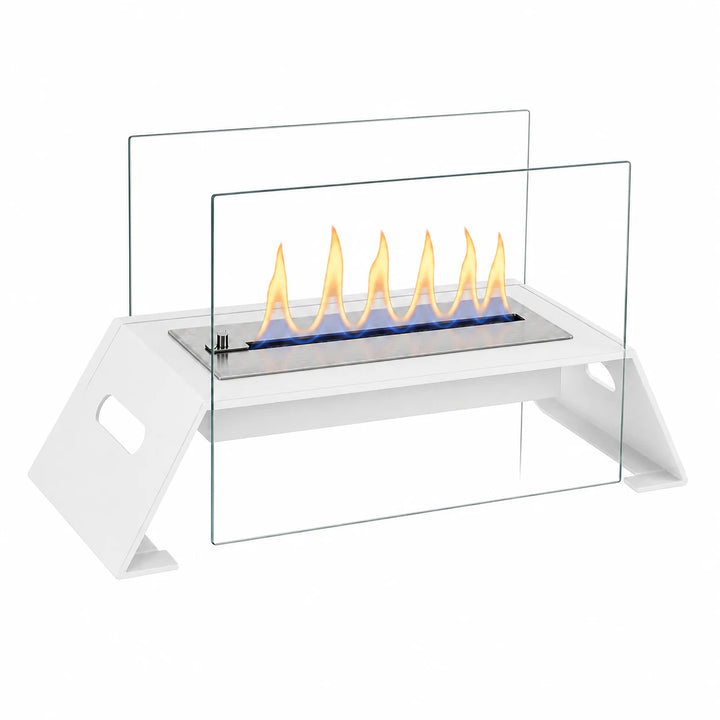 Bioethanol Tischkamin DIAGO in Weiß mit Flammen, in der Seitenansicht