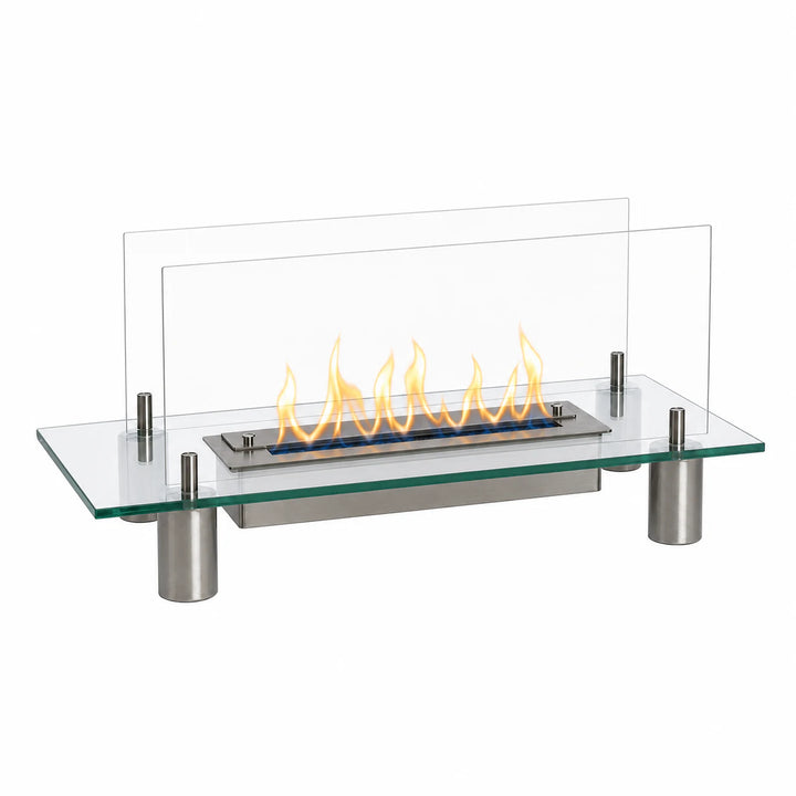 Bioethanol Tischkamin GLASS mit Glas und Flammen, in der Seitenansicht