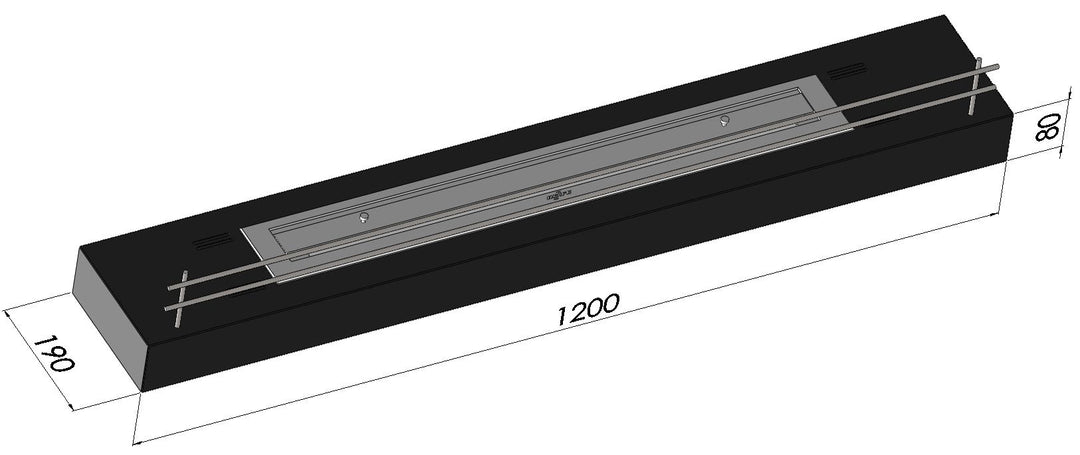 Bioethanol Tischkamin Kamineinsatz FIREBOX 1200 mit Glas in Schwarz mit Glas, als technische Zeichnung mit Maßen