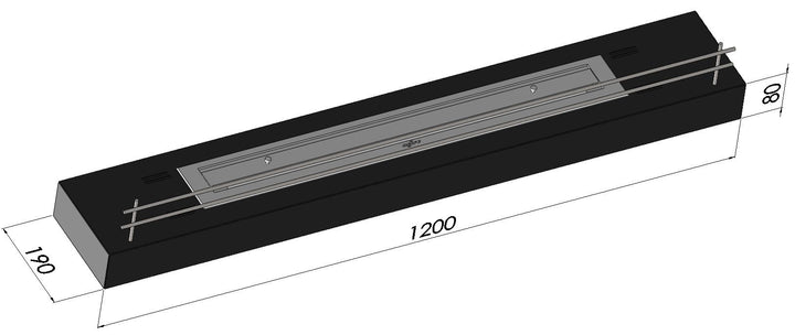 Bioethanol Tischkamin Kamineinsatz FIREBOX 1200 mit Glas in Schwarz mit Glas, als technische Zeichnung mit Maßen