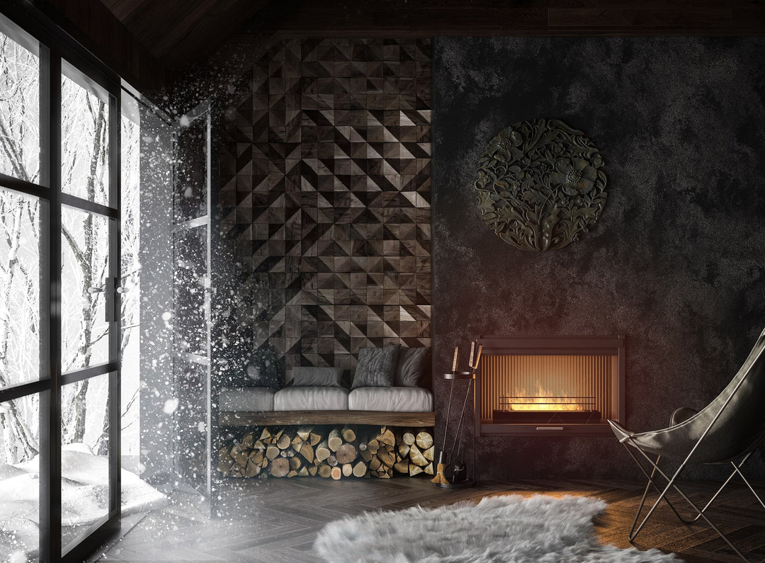 Bioethanol Tischkamin Kamineinsatz FIREBOX 600 mit Glas in einem alten Steinkamin im Wohnraum