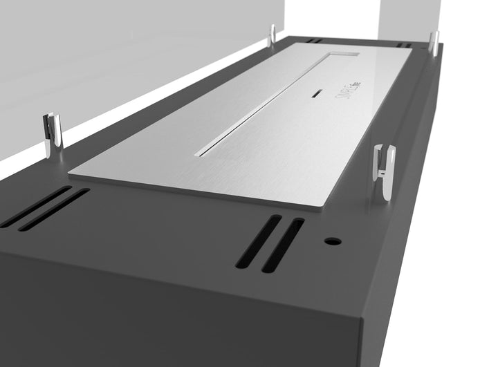 Bioethanol Tischkamin Kamineinsatz FIREBOX 600 mit Glas mit Glas, Detailansicht von Brenner und Glasbefestigung