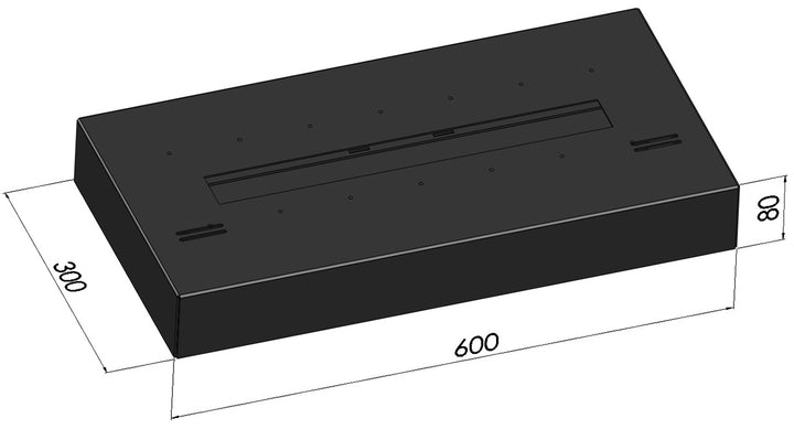 Bioethanol Tischkamin Kamineinsatz SIMPLEBOX 600 in Schwarz, technische Zeichnung mit Draufsicht