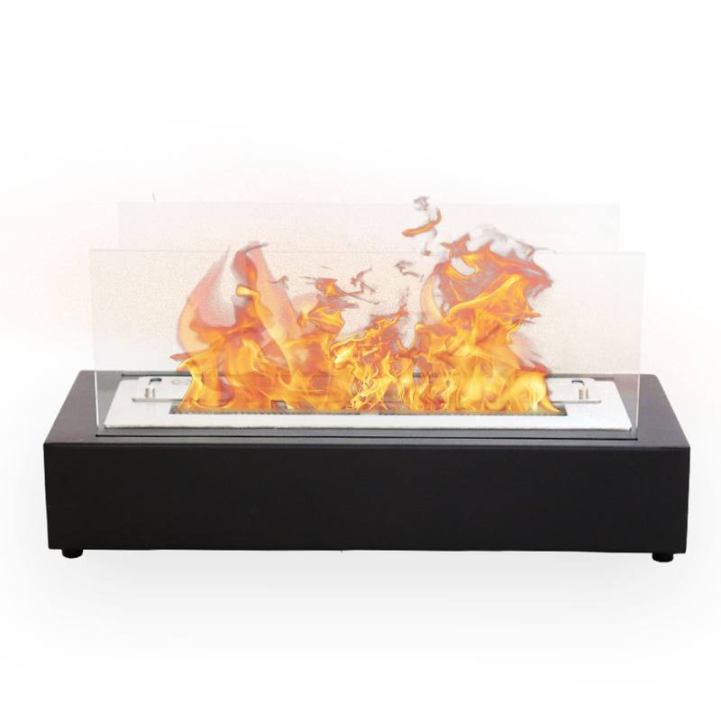 Bioethanol Tischkamin KOBE XL in Schwarz mit Glas und Flammen, in der Frontansicht