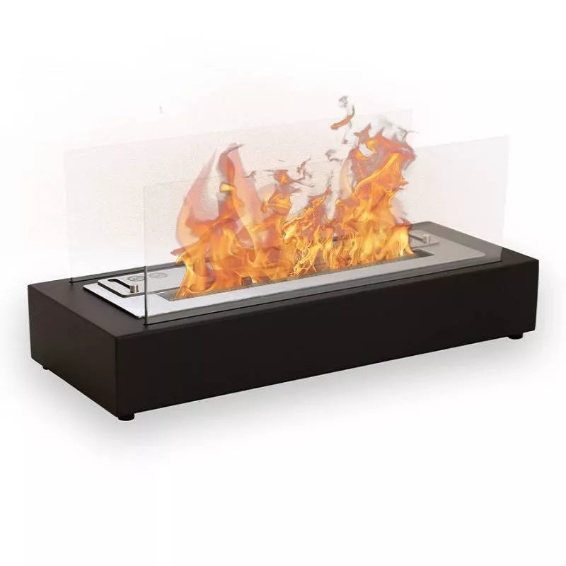 Bioethanol Tischkamin LECCE in Schwarz mit Glas und Flammen, Seitenansicht