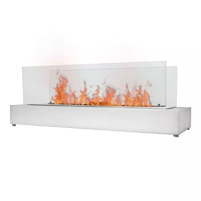 Bioethanol Tischkamin LECCE XL in Weiß mit Glas und Flammen, in der Seitenansicht