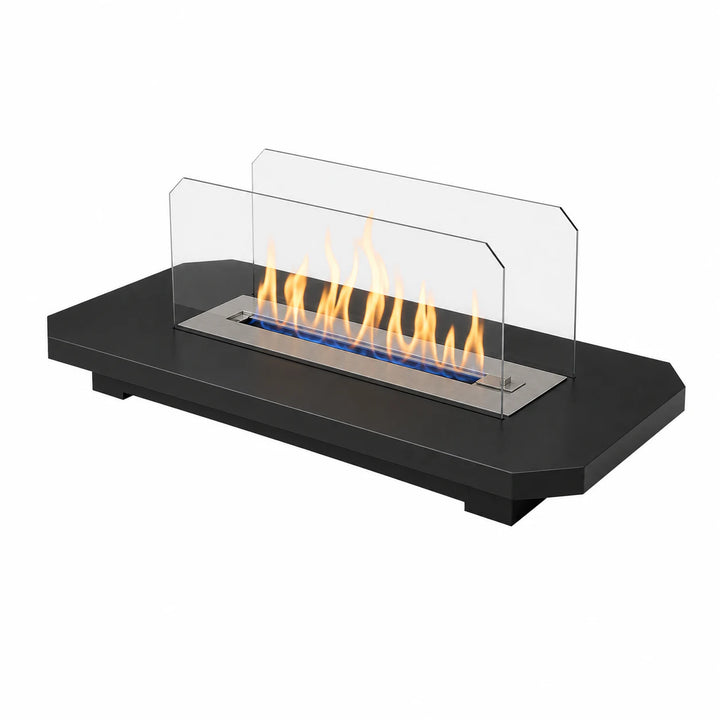 WIKAO Bioethanol Tischkamin LUCENA Tischfeuer in Schwarz mit Glas, erhöhte Seitenansicht von Brenner und Flammen