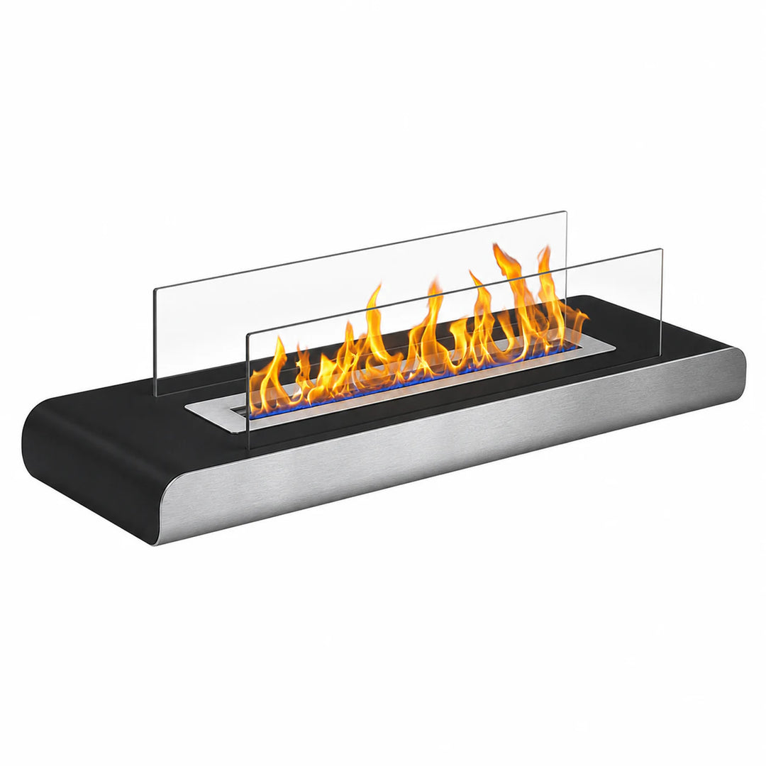 WIKAO Bioethanol Tischkamin SAND Tischfeuer in Schwarz und Edelstahloptik mit Glas, seitlich