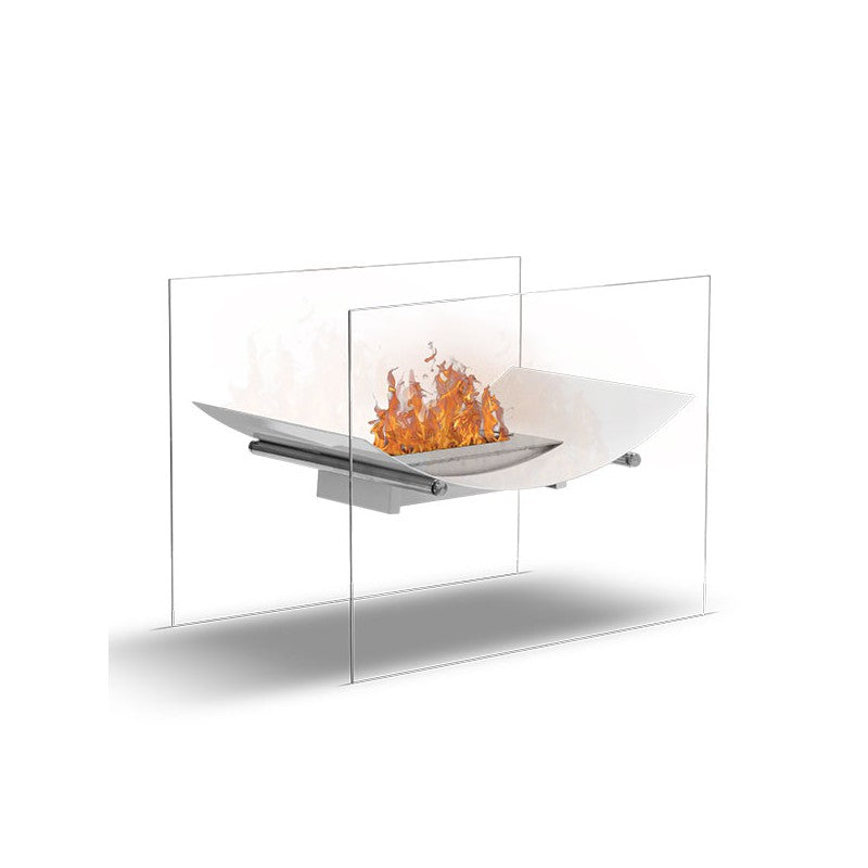 Bioethanol Tischkamin Standkamin ATLANTA in Weiß mit Glas und Flammen, Perspektivansicht