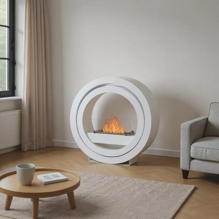 Bioethanol Standkamin INA Weiss Rund Bio Ethanol Standofen stehender Biokamin Rund Wohnzimmer Modern