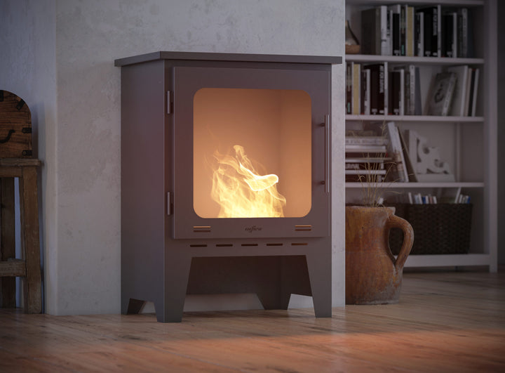 Bioethanol Standkamin INCOZA 1 in Schwarz mit Flammen im Wohnzimmer