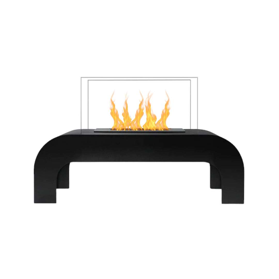 Bioethanol Tischkamin Standkamin LOUNGE in Schwarz mit Glas und Flammen, Frontansicht