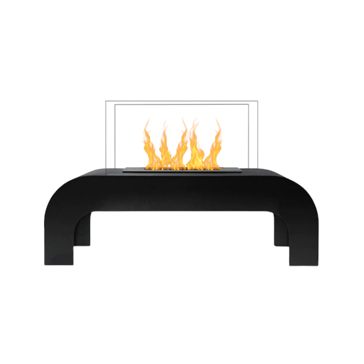 Bioethanol Tischkamin Standkamin LOUNGE in Schwarz mit Glas und Flammen, Frontansicht