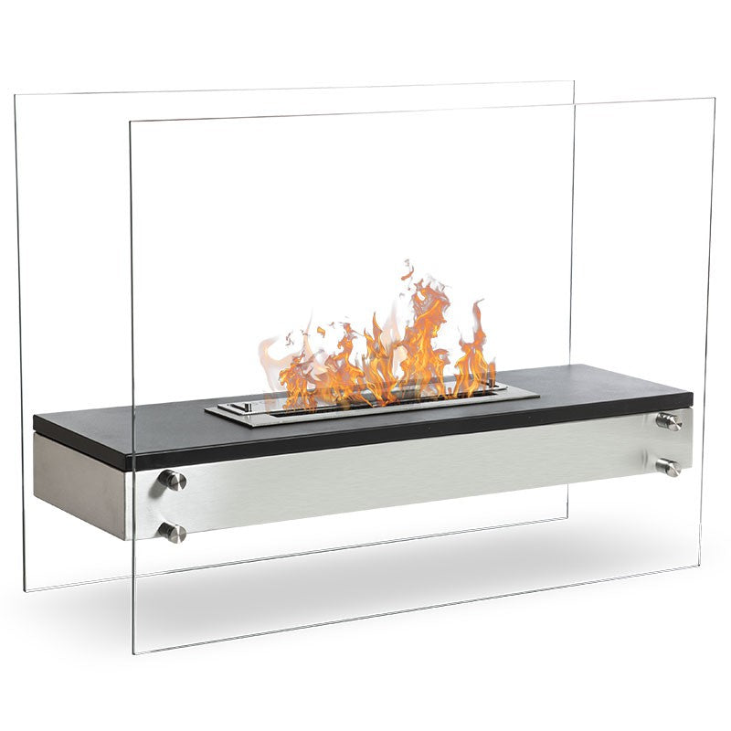 Freistehender Bioethanol Standkamin VITTORIA Schwarz Stahl mit Glas mit Flammen stehender Biokamin
