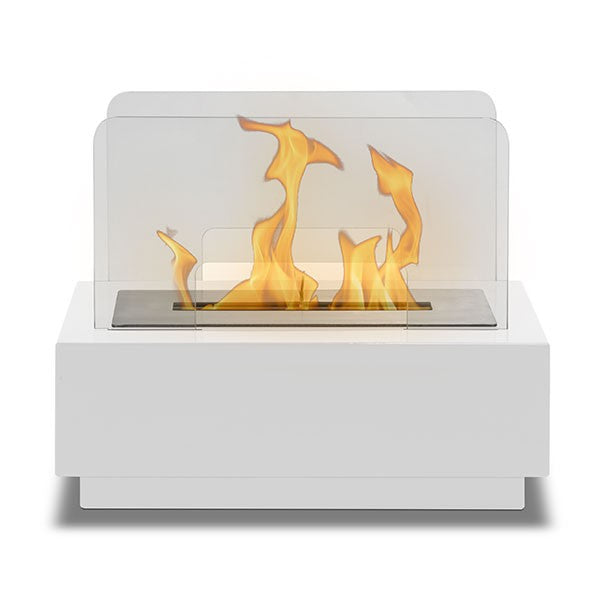 Bioethanol Tischkamin STELLA in Weiß mit Glas und Flammen, in der Frontansicht