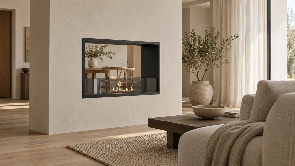 Bioethanol Tunnelkamin FAME in Schwarz in einer beigen Trennwand im Wohnzimmer mit Sofa und Durchblick zum Esstisch