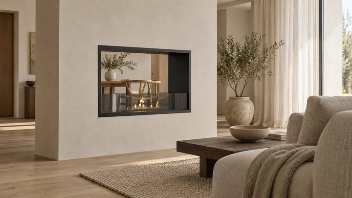 Bioethanol Tunnelkamin FAME in Schwarz in einer beigen Trennwand im Wohnzimmer mit Sofa und Durchblick zum Esstisch
