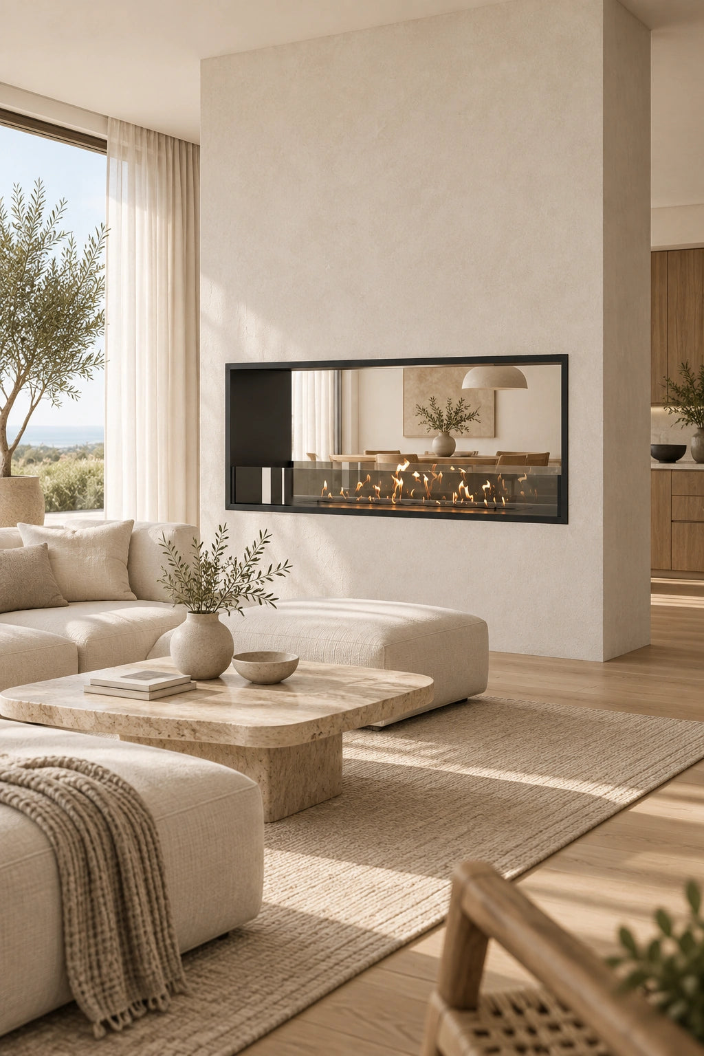 Bioethanol Tunnelkamin FAME in Schwarz in einer hellen Trennwand hinter einem cremefarbenen Sofa mit Durchblick zum Essbereich