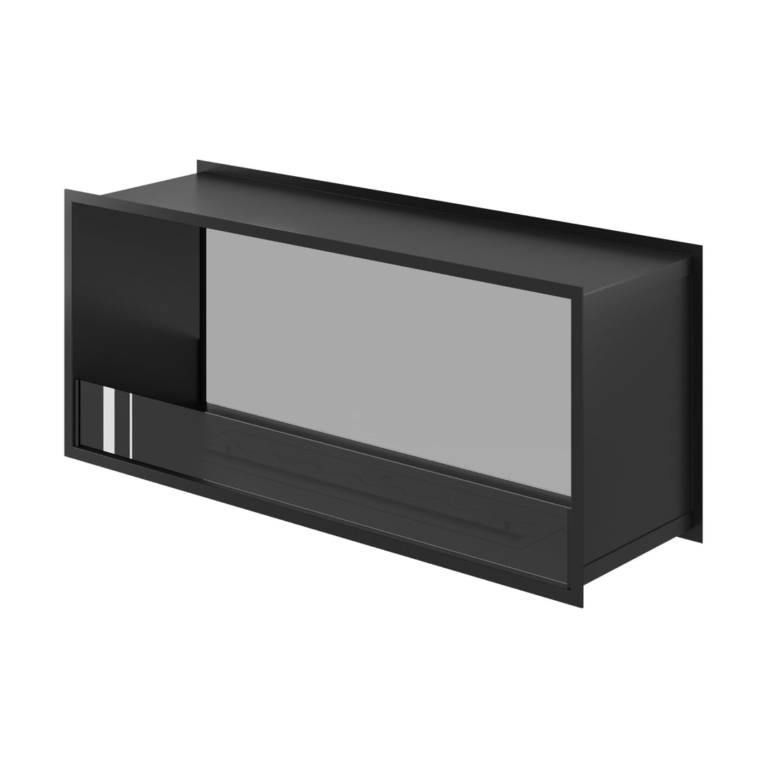 Bioethanol Tunnelkamin FAME Halb-Vollglas 120 cm in Schwarz, Perspektivansicht mit vollverglaster Seite und offener Seite auf weißem Hintergrund