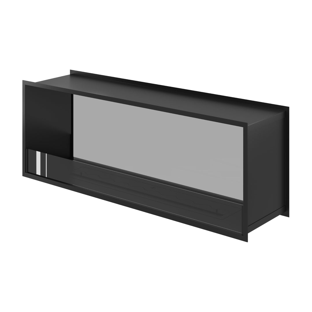Bioethanol Tunnelkamin FAME Halb-Vollglas 140 cm in Schwarz, Perspektivansicht mit vollverglaster Seite und offener Seite auf weißem Hintergrund