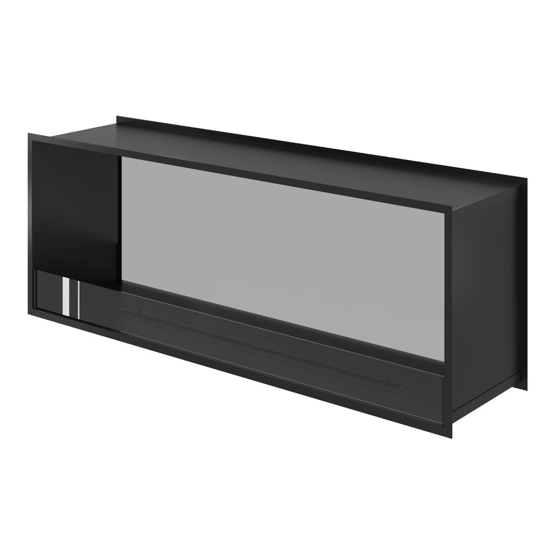 Bioethanol Tunnelkamin FAME Halb-Vollglas 160 cm in Schwarz, Perspektivansicht mit vollverglaster Seite und offener Seite auf weißem Hintergrund