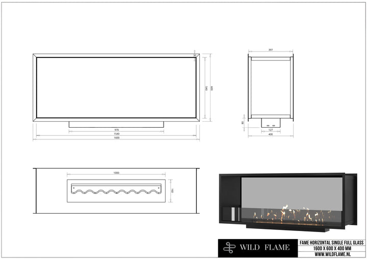 Bioethanol Tunnelkamin FAME Halb-Vollglas 160 cm technische Zeichnung mit Maßen 1600 x 600 x 400 mm