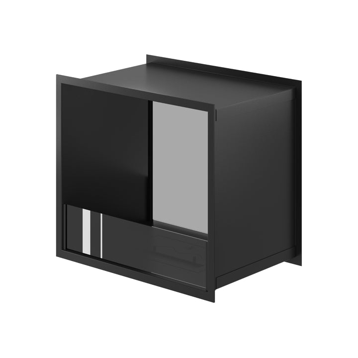 Bioethanol Tunnelkamin FAME Halb-Vollglas 60 cm in Schwarz, Perspektivansicht mit vollverglaster Seite und offener Seite auf weißem Hintergrund