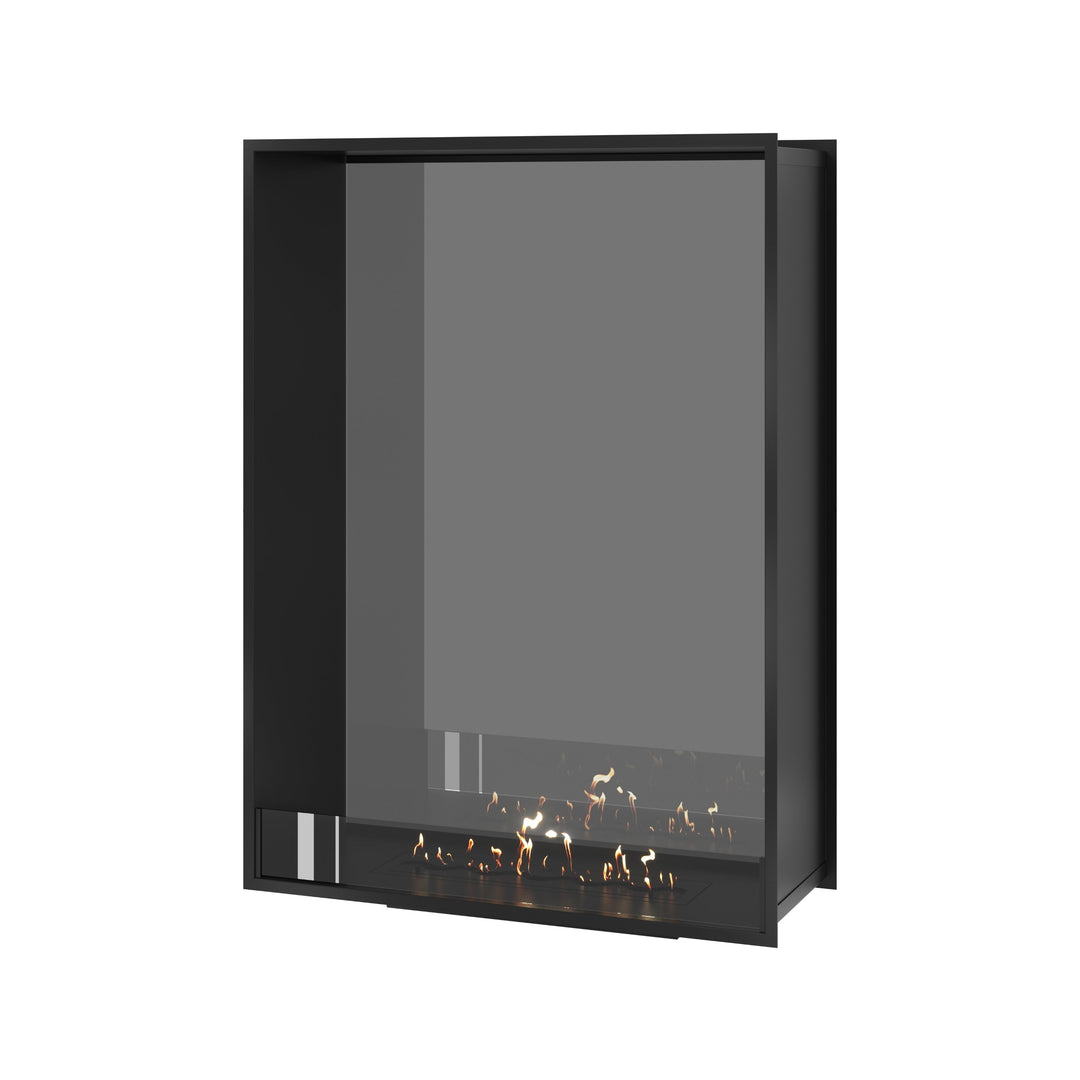 Bioethanol Tunnelkamin FAME Vertikal Halb-Vollglas 100x120 cm in Schwarz, Perspektivansicht mit Vollglasseite auf weißem Hintergrund