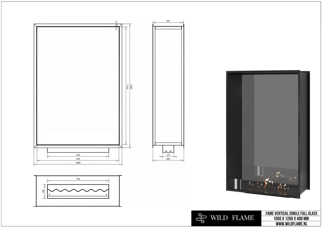 Bioethanol Tunnelkamin FAME Halb-Vollglas Vertikal 100x120 technische Zeichnung mit Maßen 1000 x 1200 x 400 mm