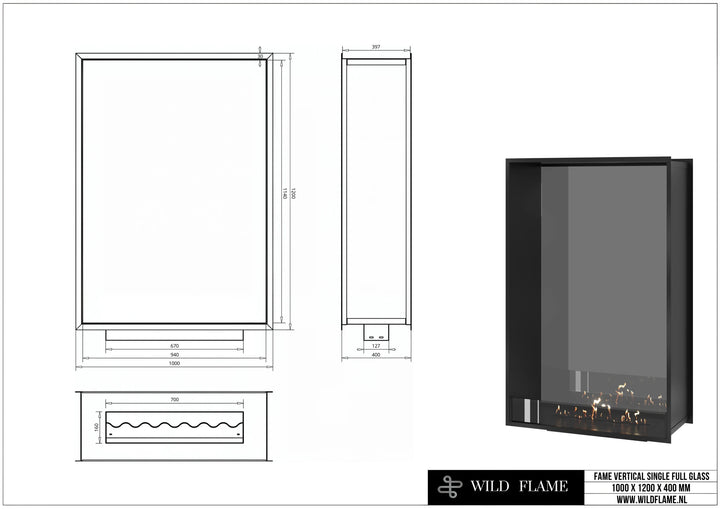 Bioethanol Tunnelkamin FAME Halb-Vollglas Vertikal 100x120 technische Zeichnung mit Maßen 1000 x 1200 x 400 mm