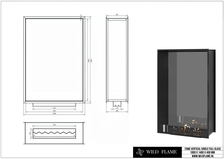 Bioethanol Tunnelkamin FAME Halb-Vollglas Vertikal 100x140 technische Zeichnung mit Maßen 1000 x 1400 x 400 mm