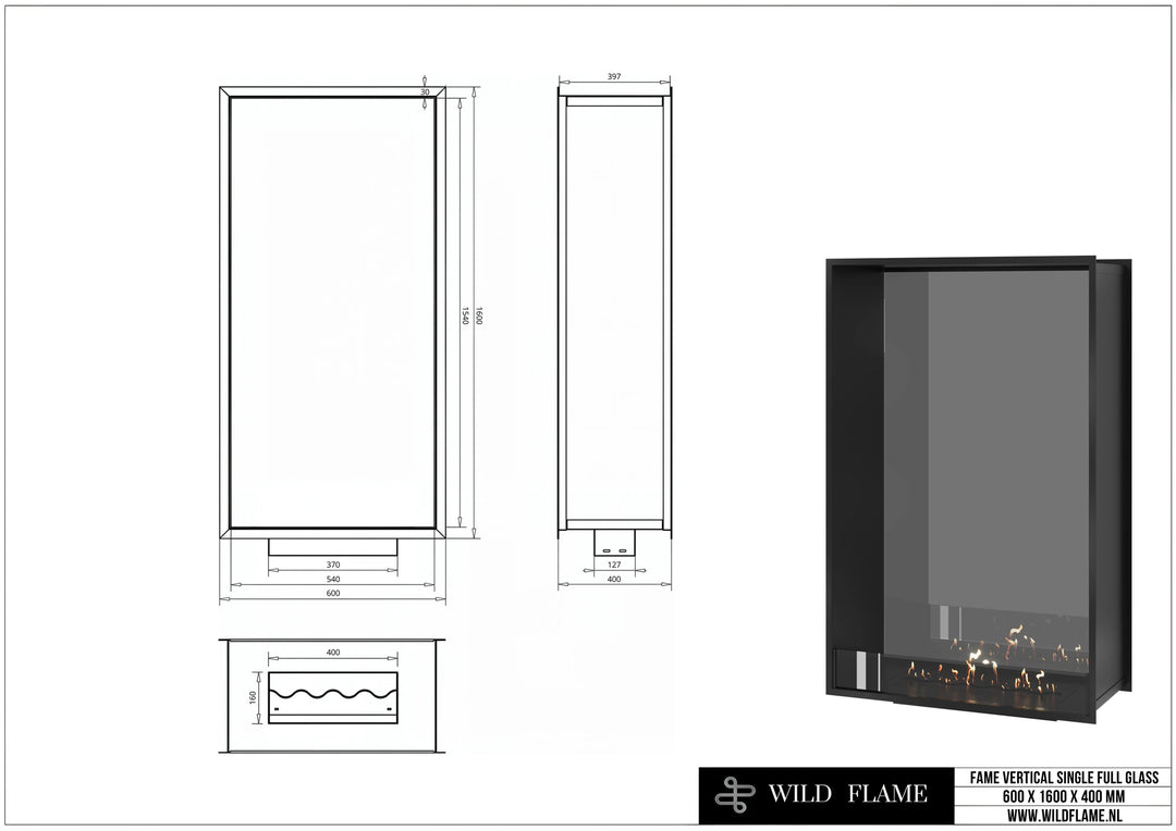 Bioethanol Tunnelkamin FAME Halb-Vollglas Vertikal 60x160 technische Zeichnung mit Maßen 600 x 1600 x 400 mm