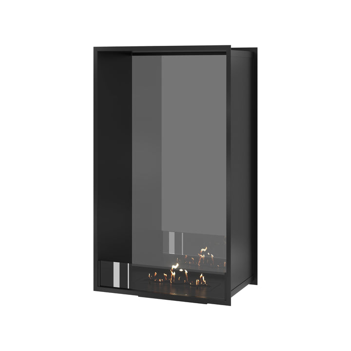 Bioethanol Tunnelkamin FAME Vertikal Halb-Vollglas 70x120 cm in Schwarz, Perspektivansicht mit Vollglasseite auf weißem Hintergrund