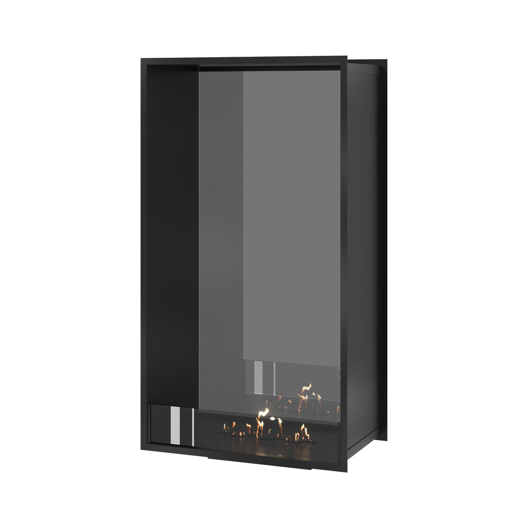 Bioethanol Tunnelkamin FAME Vertikal Halb-Vollglas 70x140 cm in Schwarz, Perspektivansicht mit Vollglasseite auf weißem Hintergrund