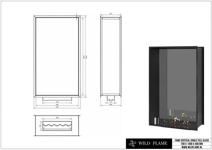 Bioethanol Tunnelkamin FAME Halb-Vollglas Vertikal 70x140 technische Zeichnung mit Maßen 700 x 1400 x 400 mm