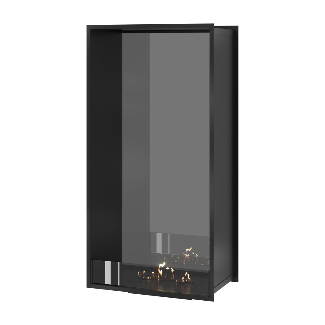 Bioethanol Tunnelkamin FAME Vertikal Halb-Vollglas 70x180 cm in Schwarz, Perspektivansicht mit Vollglasseite auf weißem Hintergrund