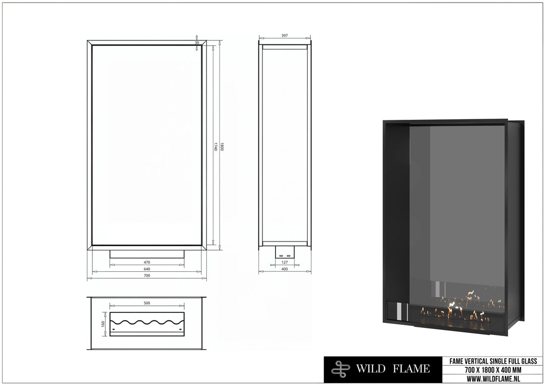Bioethanol Tunnelkamin FAME Halb-Vollglas Vertikal 70x180 technische Zeichnung mit Maßen 700 x 1800 x 400 mm