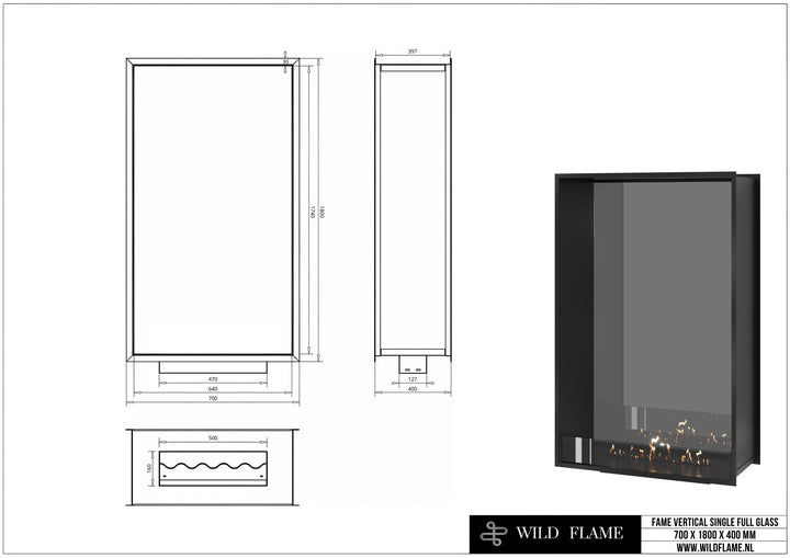 Bioethanol Tunnelkamin FAME Halb-Vollglas Vertikal 70x180 technische Zeichnung mit Maßen 700 x 1800 x 400 mm
