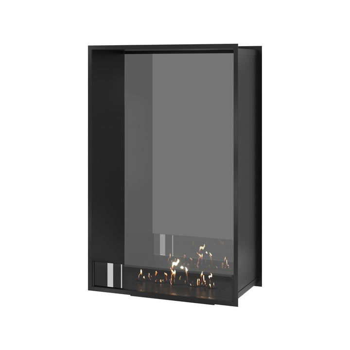 Bioethanol Tunnelkamin FAME Vertikal Halb-Vollglas 80x120 cm in Schwarz, Perspektivansicht mit Vollglasseite auf weißem Hintergrund