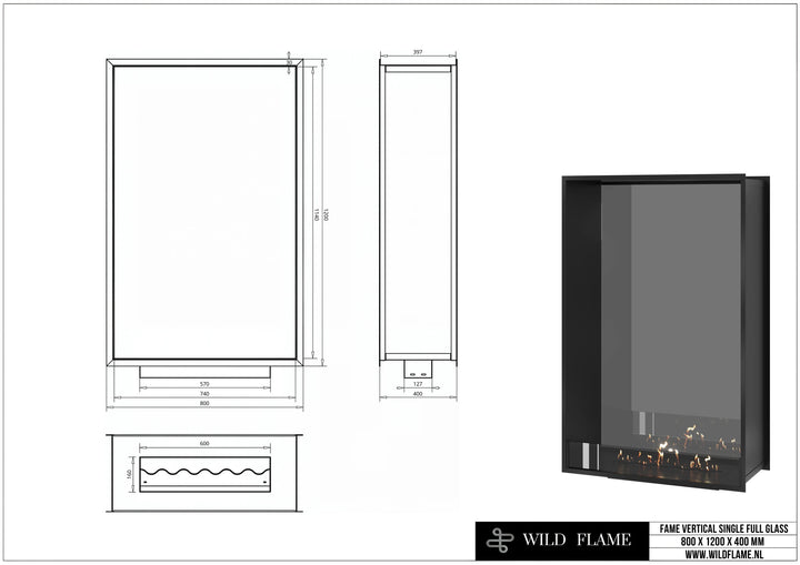 Bioethanol Tunnelkamin FAME Halb-Vollglas Vertikal 80x120 technische Zeichnung mit Maßen 800 x 1200 x 400 mm