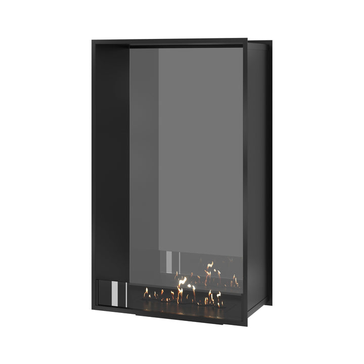 Bioethanol Tunnelkamin FAME Vertikal Halb-Vollglas 80x140 cm in Schwarz, Perspektivansicht mit Vollglasseite auf weißem Hintergrund