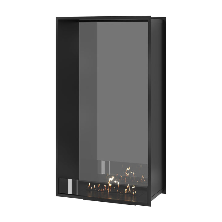Bioethanol Tunnelkamin FAME Vertikal Halb-Vollglas 80x180 cm in Schwarz, Perspektivansicht mit Vollglasseite auf weißem Hintergrund