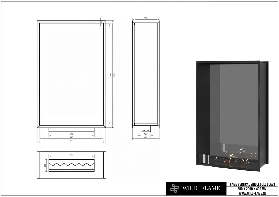 Bioethanol Tunnelkamin FAME Halb-Vollglas Vertikal 80x200 technische Zeichnung mit Maßen 800 x 2000 x 400 mm