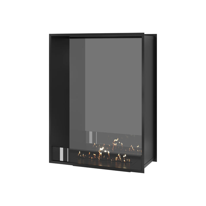 Bioethanol Tunnelkamin FAME Vertikal Halb-Vollglas 90x100 cm in Schwarz, Perspektivansicht mit Vollglasseite auf weißem Hintergrund
